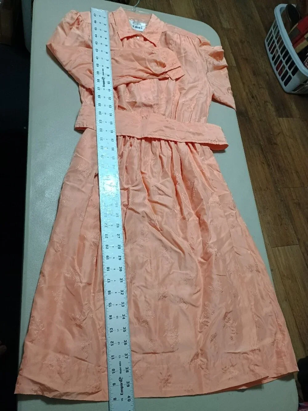 Vintage CASI Silk Jaquard Midi Dress Size 12 Peach with Pockets